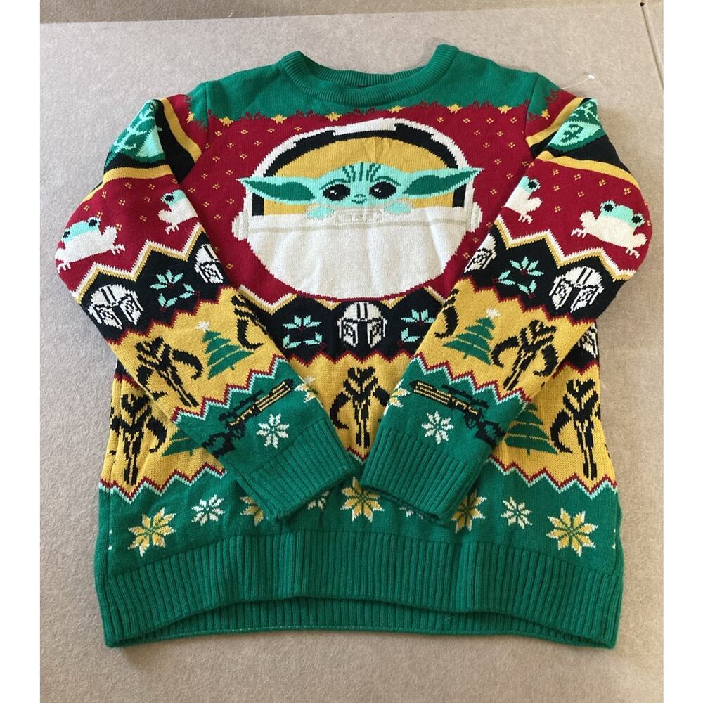 Star Wars Men's Baby Yoda Christmas Sweater Size M NWOT Heavy Red Green Frogs